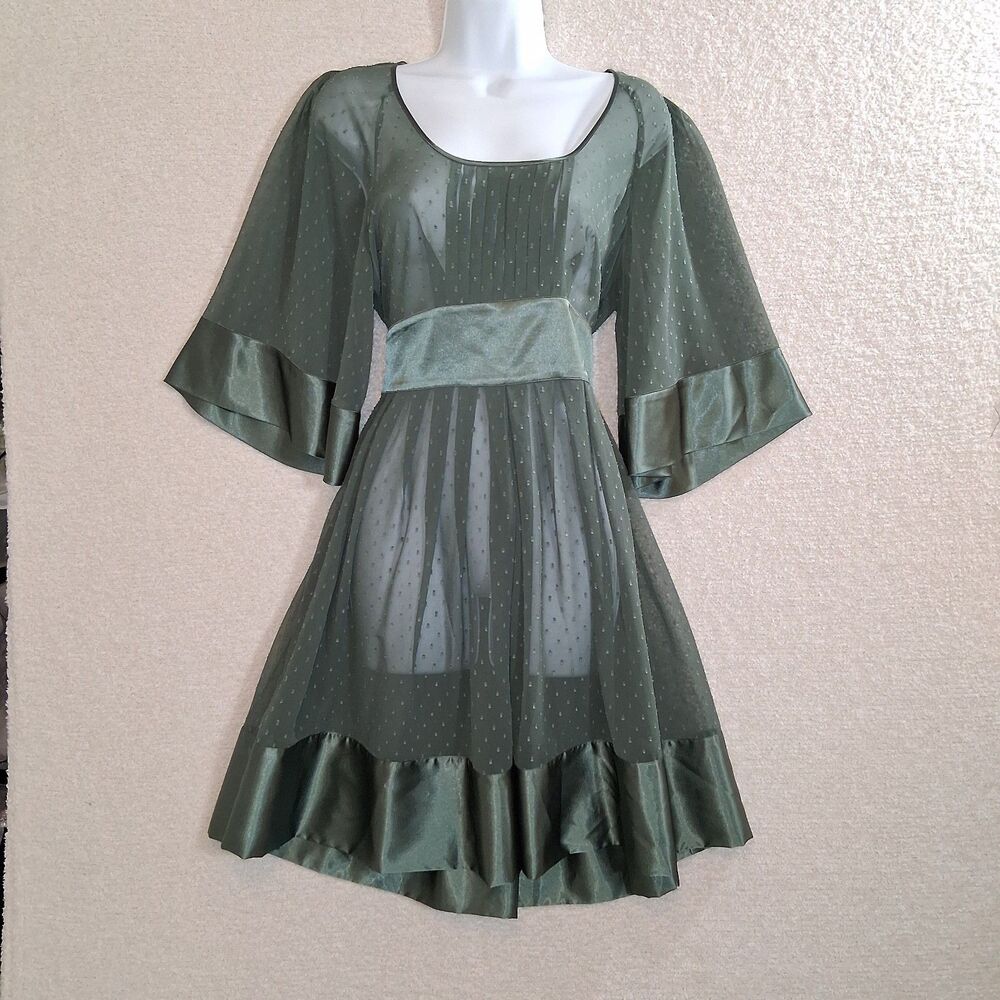 Sheer Flutter Sleeve Satin Swiss Dot Dress Sz M Whimsigoth Forest Fairy Cottage